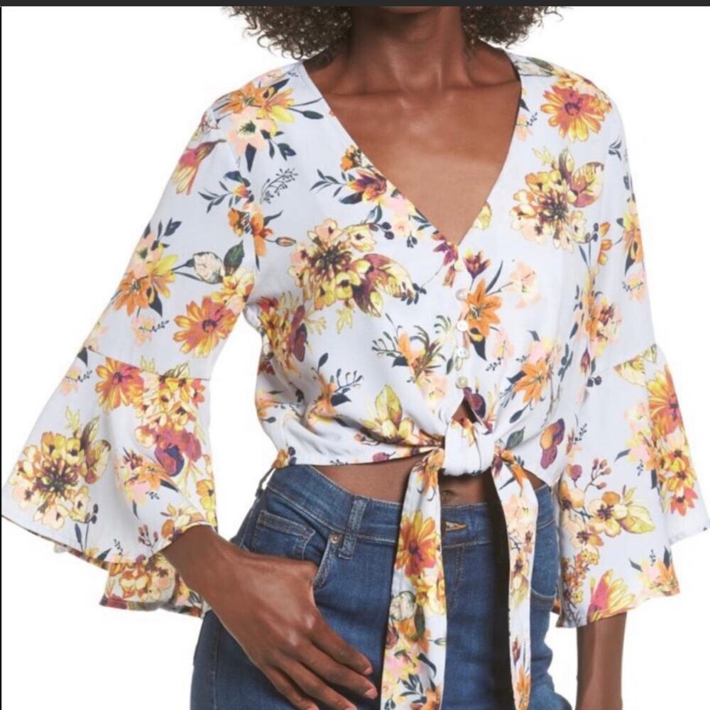 Leith Bohemian Tie Front Top Bell Sleeves Blue Floral Print S